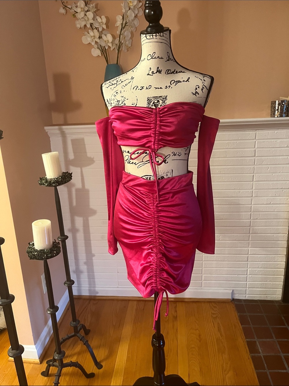 Ruched Off-Shoulder w/Sleeves Two-Piece Dress in Hot Pink by Fashion Nova.